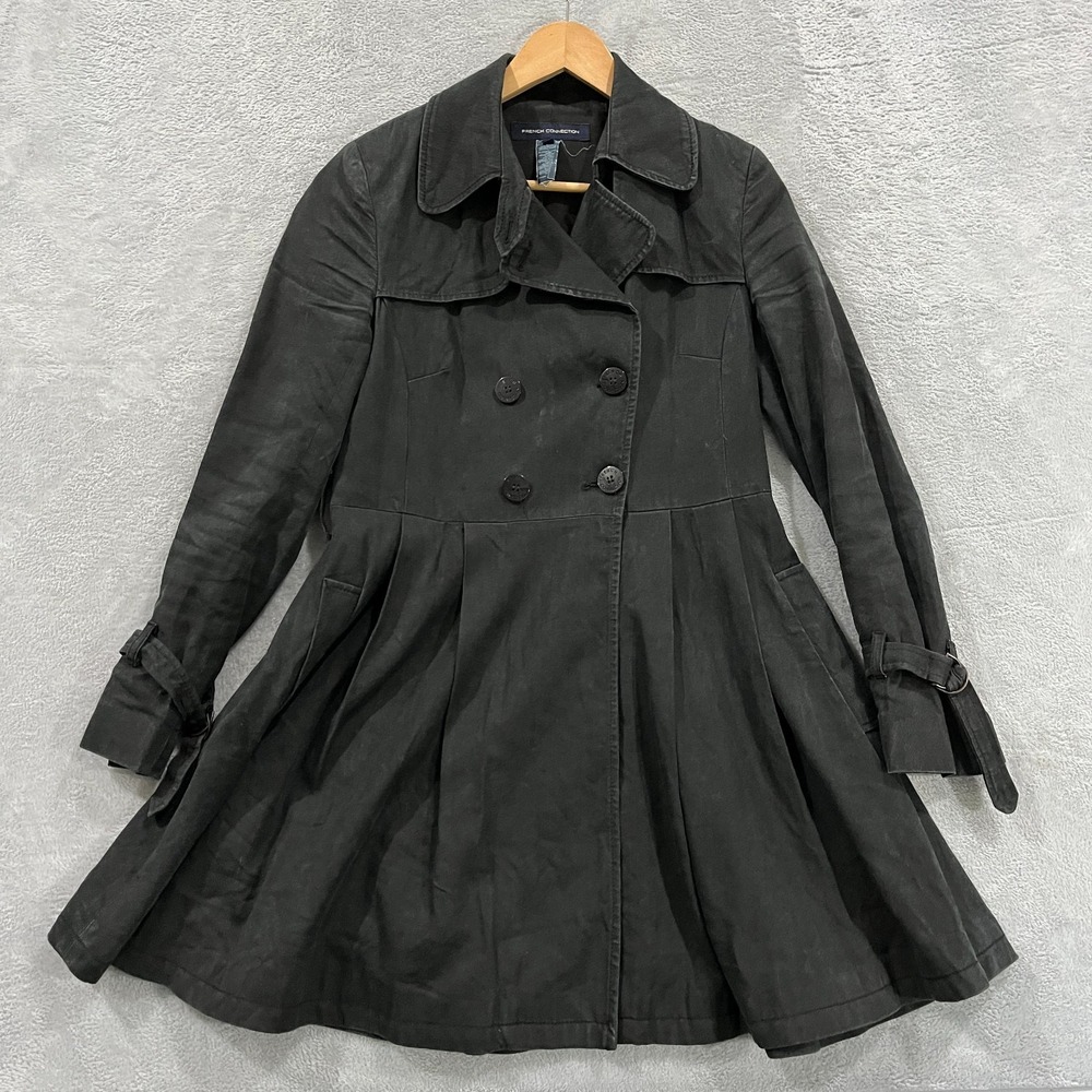 French Connection‎ Coat Women 8 Double Breasted Grunge Bamboo Faded Black Trench